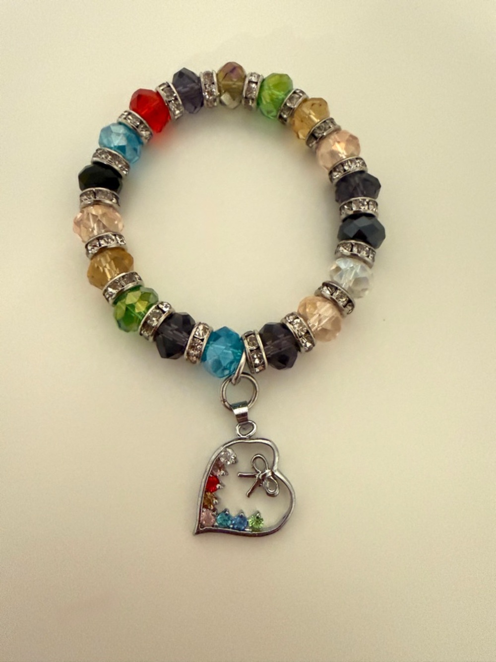 Multicolor Crystal Heart Charm Stretch Bracelet - Unbranded